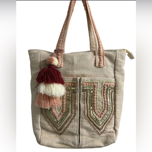American & Beyond Handbags - AMERICAN & BEYOND EMBROIDERED CANVAS TOTE BAG